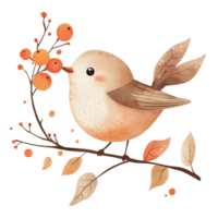 Watercolor Painting Of Bird On A branch With Leaves And Berries In Cute Autumn Rustic Design png