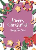 Christmas greeting card with a wreath, a garland, and confetti on a pink background in a flat cartoon style. illustration for poster, banner, invitation, etc. vector