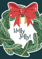Greeting card with a Christmas wreath and a red bow in a flat cartoon style. illustration for poster, banner, invitation, etc. vector