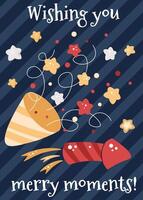 Greeting card with fireworks, a party popper, and confetti in a flat style. Christmas illustration for poster, banner, invitation, etc. vector