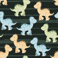 Seamless pattern with cute dinosaurs in flat style. Repeating texture with baby dinosaur on striped background. Kiddie background for fabric, wallpaper, wrapping paper, scrapbooking etc vector