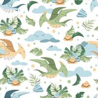 Seamless pattern with cute dinosaurs in flat style. Endless texture with flying pterodactyl with clouds and tropical plants. Childish background for fabric, wallpaper, wrapping paper, scrapbooking etc vector