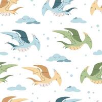 Seamless pattern with cute dinosaurs in flat style. Endless texture with flying pterodactyl with clouds. Childish background for fabric, wallpaper, wrapping paper, scrapbooking, etc vector