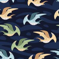 Seamless pattern with cute dinosaurs in flat style. Endless texture with flying pterodactyl on spotted background. Childish background for fabric, wallpaper, wrapping paper, scrapbooking etc vector