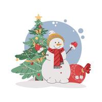 Christmas illustration with a snowman, a Christmas tree, and gifts on a blue background in a flat cartoon style. for poster, banner, invitation, etc. vector