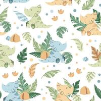 Seamless pattern with cute dinosaurs in flat style. Endless background with baby dinosaur, tropical plants and footprints. Kiddie background for fabric, wallpaper, wrapping paper, scrapbooking, etc. vector