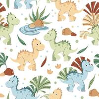 Seamless pattern with cute dinosaurs in flat style. Endless background with baby dinosaur, tropical plants and footprints. Kiddie background for fabric, wallpaper, wrapping paper, scrapbooking, etc vector