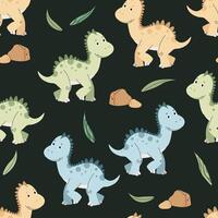 Seamless pattern with cute dinosaurs in flat style. Repeating background with baby dinosaur and leaves. Childish background for fabric, wallpaper, wrapping paper, scrapbooking, etc vector