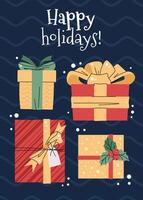 Christmas greeting card with gift boxes on a blue background in a flat cartoon style. illustration for poster, banner, invitation, etc. vector