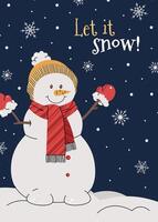 Christmas greeting card with a snowman in a hat and scarf on a blue background with snowflakes in a cartoon flat style. illustration for poster, banner, invitation, etc vector
