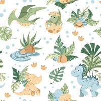 Seamless pattern with cute dinosaurs in flat style. Endless texture with baby dinosaurs with palm leaves, footprints and plants vector
