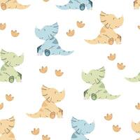 Seamless pattern with cute dinosaurs in flat style. Repeating background with baby dinosaur and footprints. Kiddie background for fabric, wallpaper, wrapping paper, scrapbooking, etc. vector