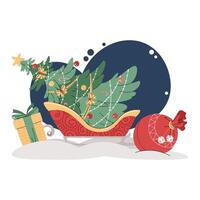 Christmas illustration with a sleigh and a Christmas tree on a blue background in a flat cartoon style. for poster, banner, invitation, etc. vector