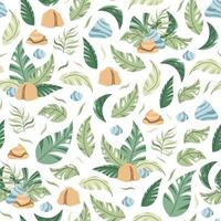 Seamless pattern with tropical leaves in flat style. Endless texture with palm leaves, stones and branches. Botanical background for fabric, wallpaper, wrapping paper, scrapbooking etc. vector