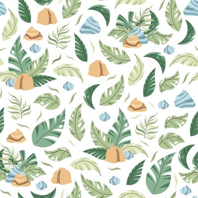 Seamless pattern with tropical leaves in flat style. Endless texture with palm leaves, stones and branches. Botanical background for fabric, wallpaper, wrapping paper, scrapbooking etc.
