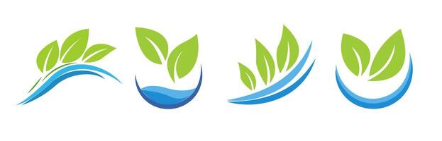 Set green leaves water-themed logo icons, depicted with flowing, dynamic lines and abstract shapes. graphic style on a white background. The concept represents hydroponics, gardening, and nature. vector