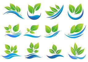 set of nature-themed logos featuring green leaves and blue wave-like shapes on a white background. Designs represent concepts of gardening, hydroponics, or eco-friendly initiatives vector