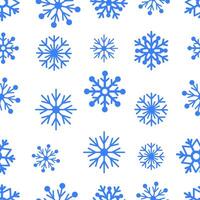 Blue snowflakes of various sizes set against a white background in a seamless pattern. The design has a festive and wintery concept. illustration vector