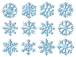 A collection of stylized blue snowflake designs on a clean white background, showcasing unique and symmetrical patterns. Concept of winter, nature, and decoration. illustration vector