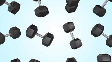 Dumbbells Falling on a Light Background. Black Hexagon Dumble with Metal Handle. 4K video