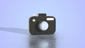 Black 3D Stylized Camera on a Reflective Floor. Photo Shoot Camera 3D Animation. 4K video