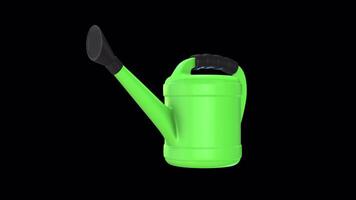 Green Plastic Watering Can Rotating on a Transparent Background. Seamless Loop. 4K video