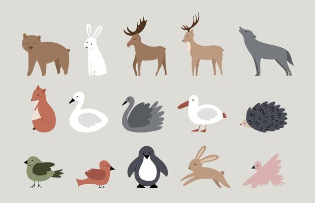 illustration forest animals. Cute animal elements isolated on white background. Bear, hare, elk, deer, wolf, hedgehog, cormorant, fox, bird