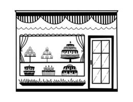 illustration of a bakery counter showcasing a variety of delicious cupcakes and cakes in doodle style vector