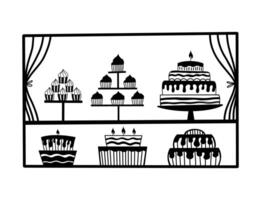 illustration of a bakery counter showcasing a variety of delicious cupcakes and cakes in doodle style vector
