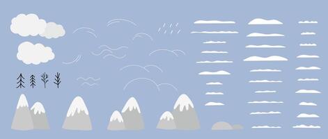 Cute collection of winter elements for hand drawn map. Snowy mountains, snow, snowfall, clouds, swirls, wind. vector