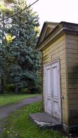 A serene yellow wooden house nestled among tall trees with golden autumn leaves. The path leading to the house is flanked by evergreens, while sunlight softly filters through the foliage, highlighting video