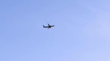 un avion croisière par une clair, bleu ciel sur une brillant l'automne journée. le minimaliste scène capture le sérénité de ouvert air et haute altitude voyage, avec une peu doux, vaporeux des nuages ajouter doux video
