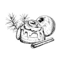 Hand drawn illustration of a cinnamon roll with icing, apple, cinnamon sticks and pine branches. A cozy, festive composition perfect for Christmas projects and holiday themed designs. vector