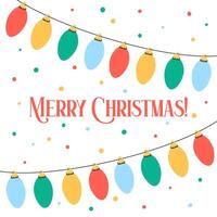 Merry Christmas greeting card. Joyful card with lights garland, colorful confetti and text. Cute simple square illustration with Xmas greetings. vector