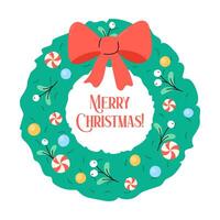 Christmas wreath and text Merry Christmas inside. Cute Xmas greeting card. Simple square illustration with celebration greetings. vector