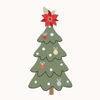Christmas tree with red poinsettia flower. illustration in flat style vector