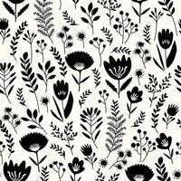 Seamless black and white pattern with delicate flowers, leaves and twigs on a white background. Flat illustration vector