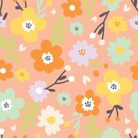 Seamless pattern with cute flowers, leaves and twigs, illustration naive style vector