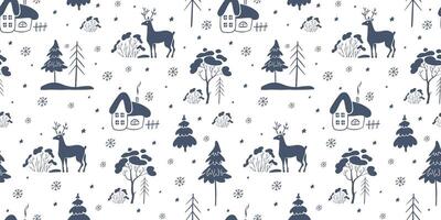 Winter pattern with deer, trees and cozy houses against a snowy landscape, naive style vector