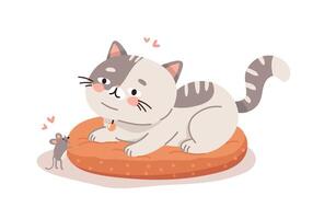 Playful cat resting on cozy bed and watching tiny mouse, flat illustration on white background vector