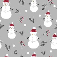 Seamless pattern with cute snowmen with red hats and fir branches on grey background, suitable for holiday decor and crafts. vector
