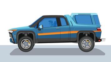 Concept illustration of detailed side of a flat soft blue pickup car. with shadow of car on reflected from the ground below. can view interior of car with driver man. vector