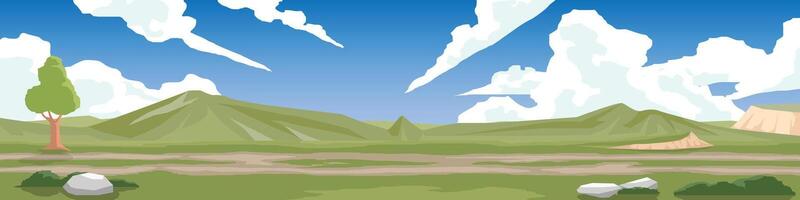 Landscape view of meadow for banner. Soil road near the meadow with green hills under clear sky. With alone of tree. Copy Space Flat . vector