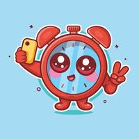 happy alarm clock character mascot taking a selfie with a smartphone isolated cartoon vector