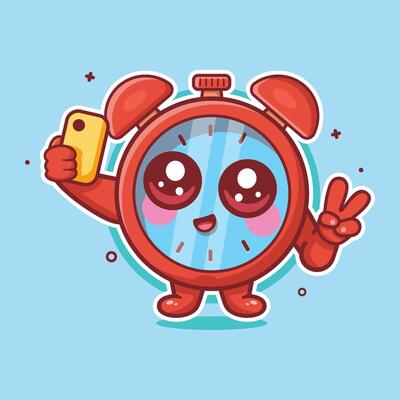 happy alarm clock character mascot taking a selfie with a smartphone isolated cartoon