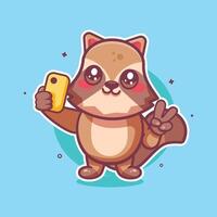 happy raccoon animal character mascot taking a selfie with a smartphone isolated cartoon vector
