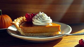 Pumpkin pie slice with whipped cream and berries video