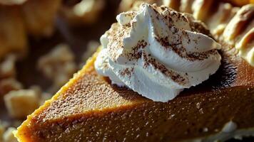 Pumpkin pie slice with whipped cream and cinnamon video