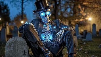 Skeleton with glowing eyes sitting in a graveyard video