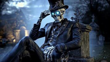 Skeleton in elegant suit with glowing eyes in a graveyard video